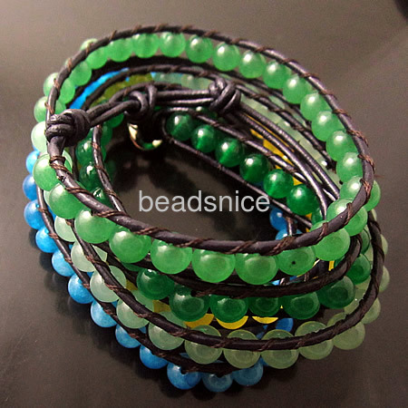 Wrap Bracelets Beautiful jade beads Bracelets Stainless steel Wrap Bracelet on Natural Leather,