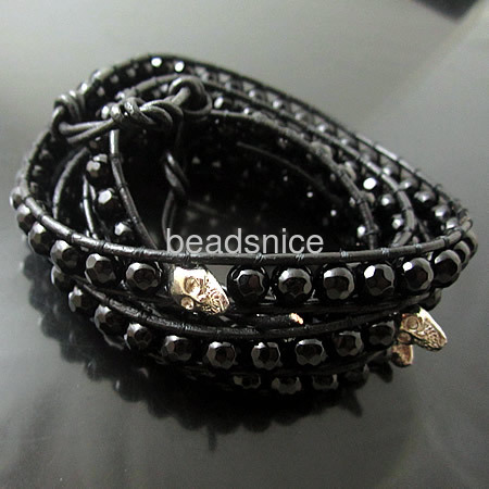 Black agate wrap Bracelets  with stainless steel Wrap Bracelet on Natural Leather,