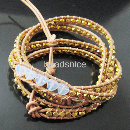 Wrap Bracelets Beautiful Copper beads Bracelets Stainless steel Wrap Bracelet on Natural Leather,