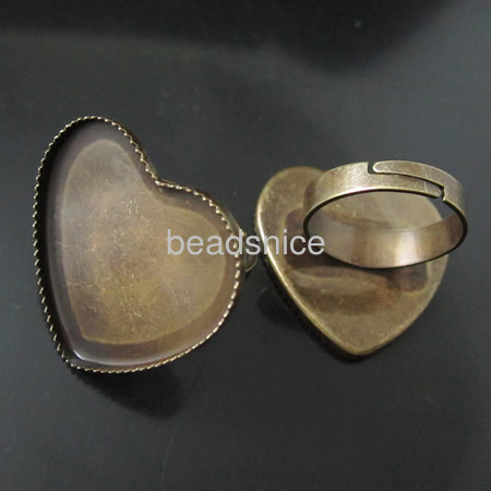 brass finger ring settings,size:7 ,lead-safe,nickel-free,heart,
