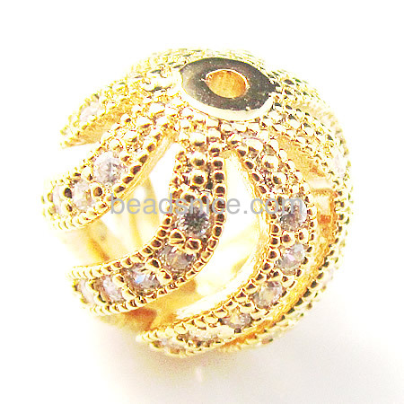 Sterling  silver 925  rhinestone beads Beads   gold plating   CZ Pave Beads,round