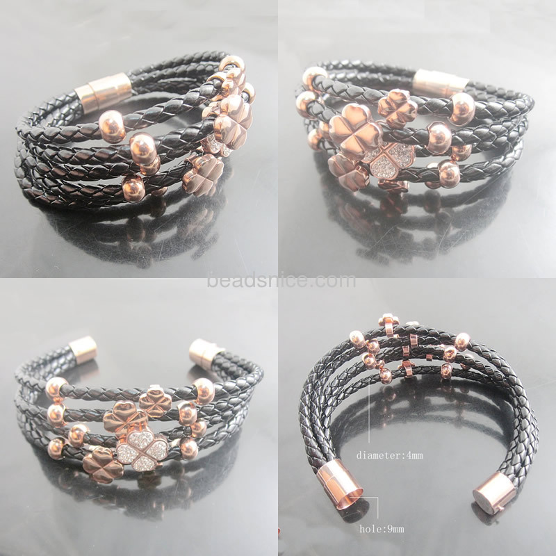 Stainless steel bracelets 5 wrap real Leather clover charm titanium stainless steel clasp bracelet