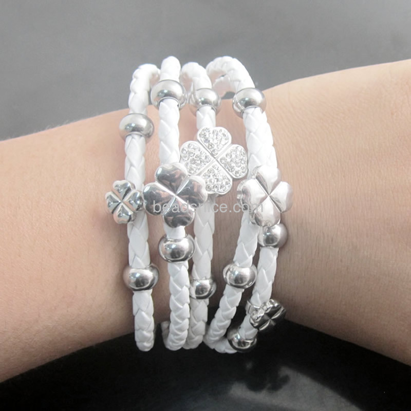 Stainless steel bracelets 5 wrap real Leather Rhinestone clover charm titanium stainless steel clasp bracelet