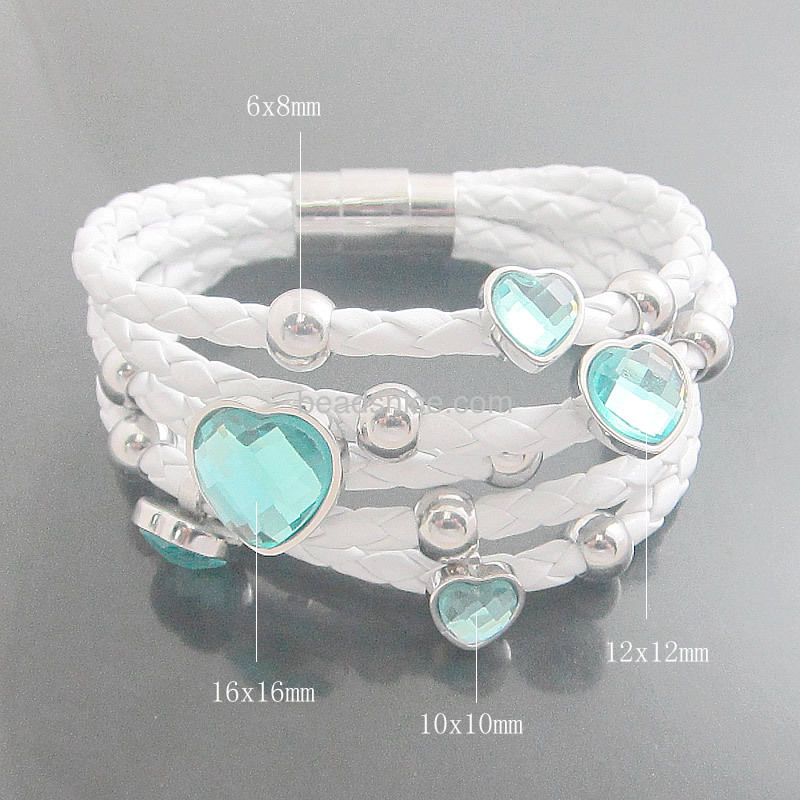 Stainless steel bracelets 5 wrap real Leather crystal heart charm titanium stainless steel clasp bracelet