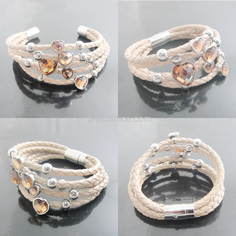 Stainless steel bracelet 5 wrap real Leather crystal heart charm titanium stainless steel clasp bracelet