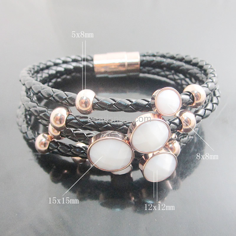Stainless steel bracelets 5 wrap real Leather round Gemstone charm titanium stainless steel clasp bracelet