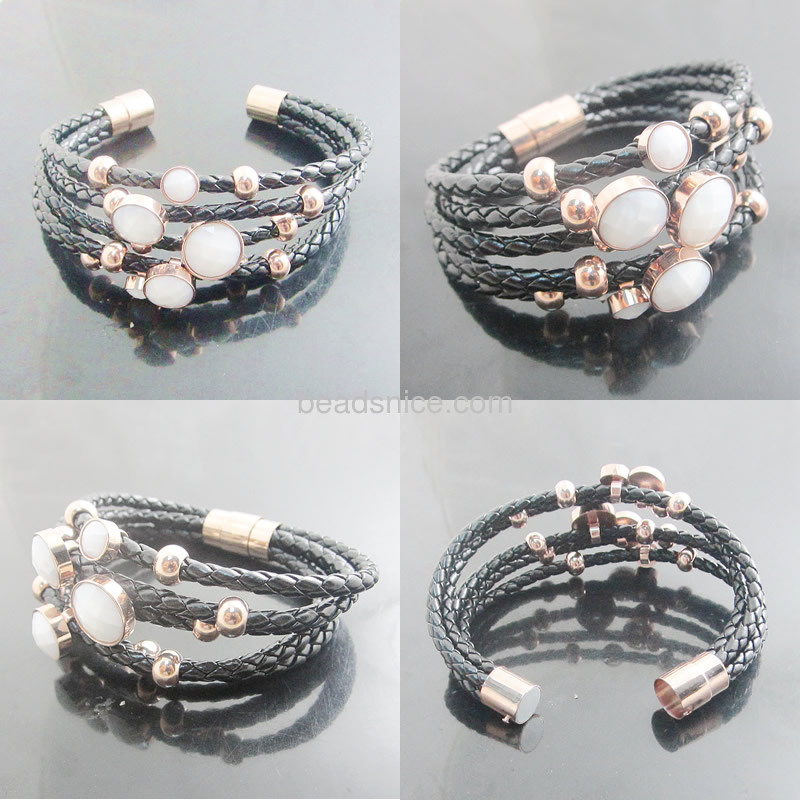 Stainless steel bracelets 5 wrap real Leather round Gemstone charm titanium stainless steel clasp bracelet