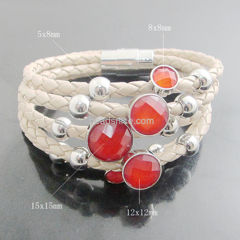 Stainless steel bracelets 5 wrap real Leather round Crstal charm titanium stainless steel clasp bracelet