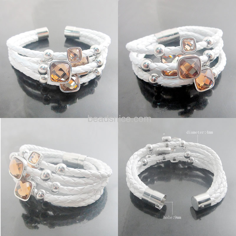 Stainless steel bracelets 5 wrap real Leather square Crstal charm titanium stainless steel clasp bracelet