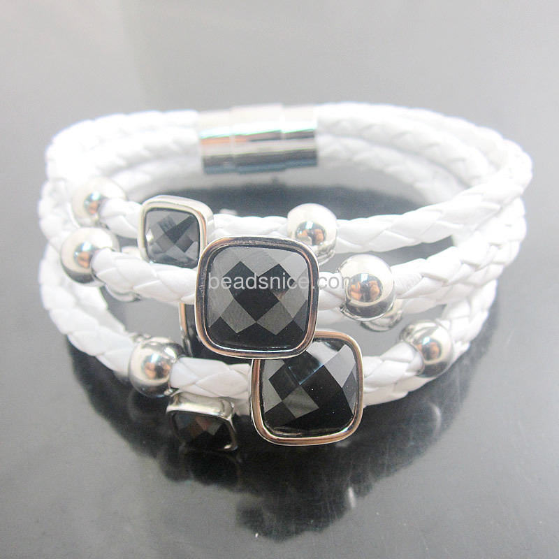 Stainless steel bracelets 5 wrap real Leather square Crstal charm titanium stainless steel clasp bracelet