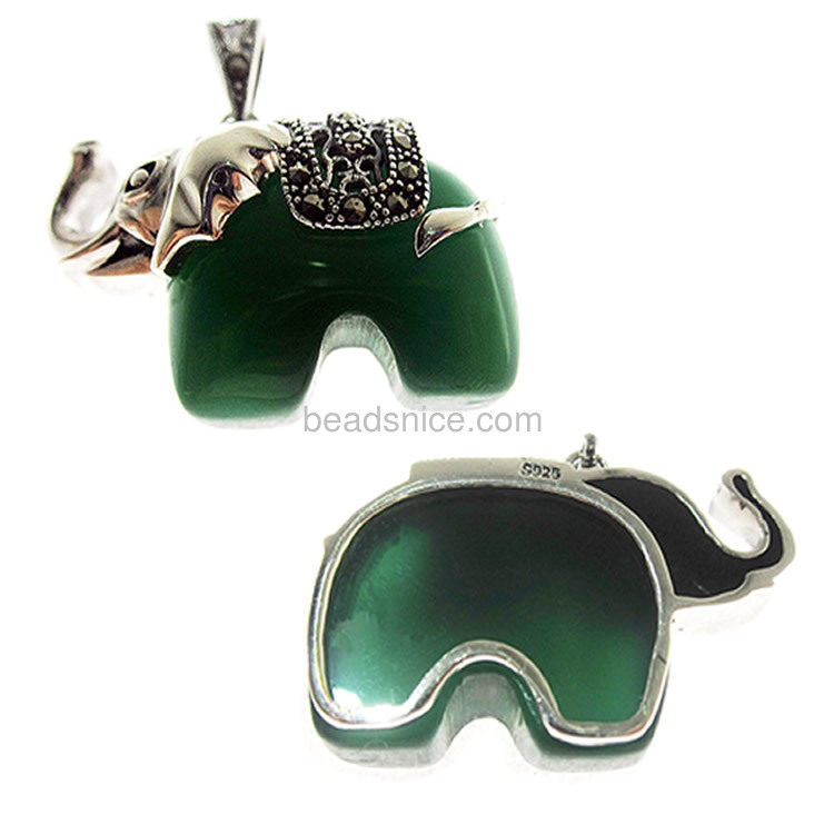 Thailand sterling silver marcasite  pendant with green agate elephant