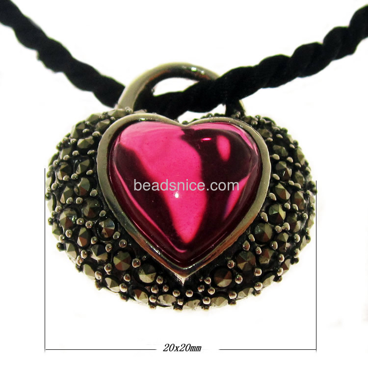 Marcasite Pendant with Heart Stone imitation ruby Thailand Sterling Silver