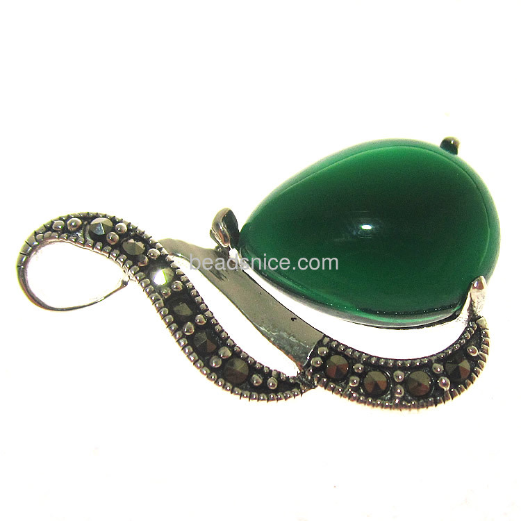 Marcasite sterling silver pendant with green agate teardrop shape