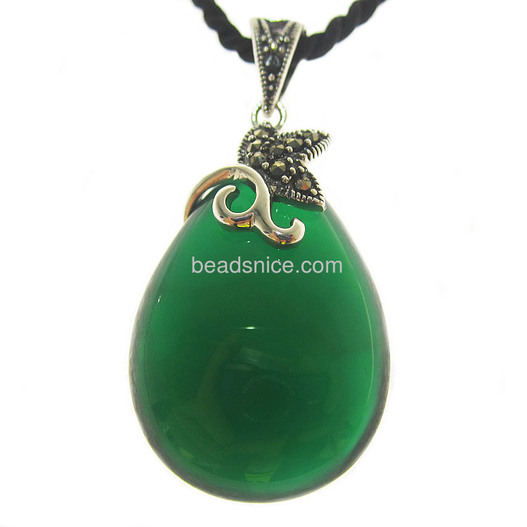 Marcasite Sterling Silver Pendant with green agate teardrop shape