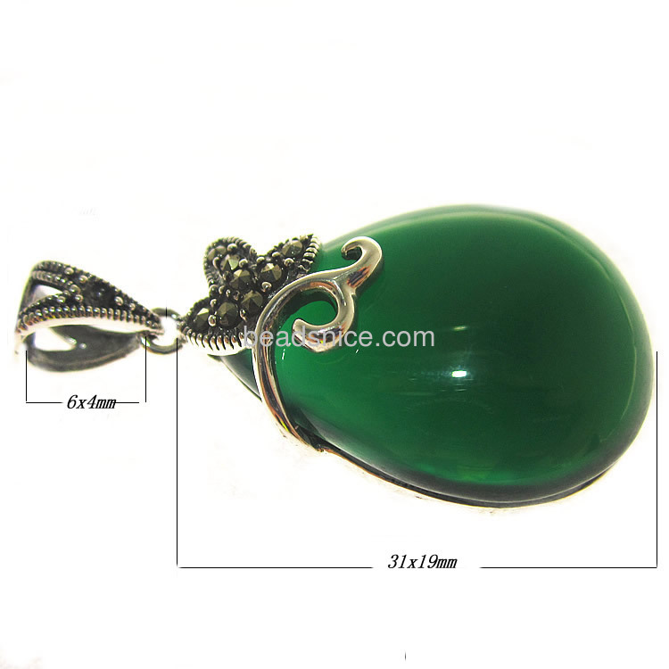 Marcasite Sterling Silver Pendant with green agate teardrop shape