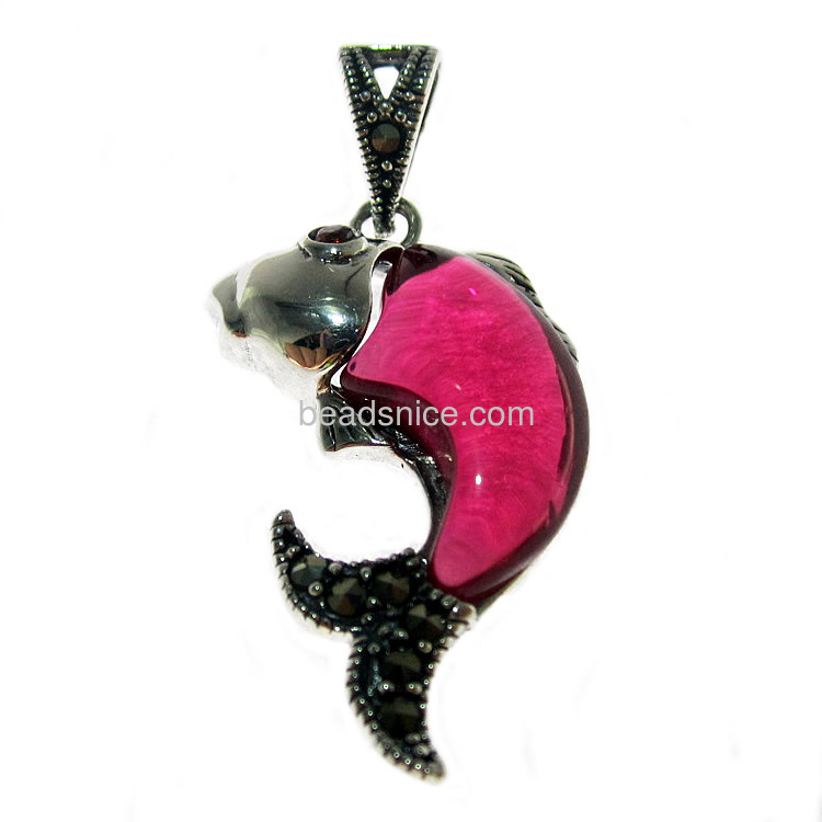 Marcasite sterling silver pendants stone with imitation ruby fish