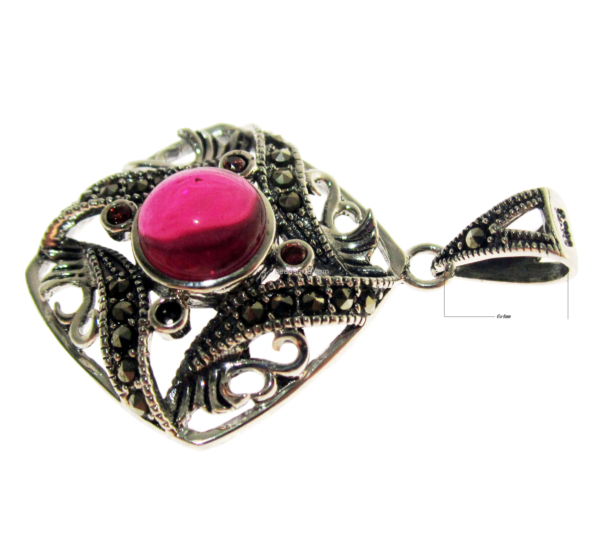 Thailand sterling silver marcasite pendant stone with imitation ruby bali silver
