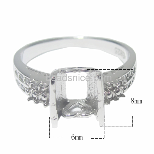 Ring mounting Sure-Set sterling silver emerald-cut basket 4-prong setting Sold individually