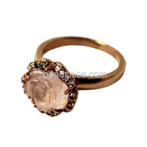 Vintage finger ring rose flower rings for lover inlay pink quartz zircon in brass wholesale fashionable rings jewelry findings