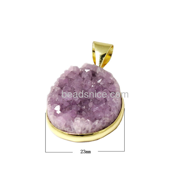 Natural druzy crystal pendants wholesale in real 24k gold with brass