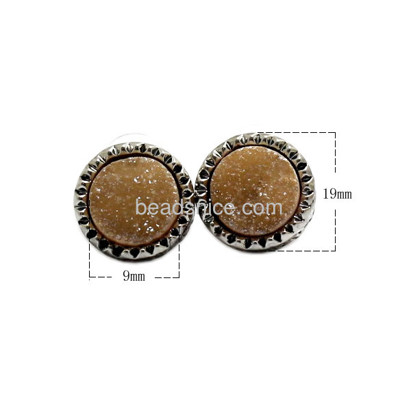 wholesale druzy quartz stud earring with earring nuts with zinc alloy real gold color plated