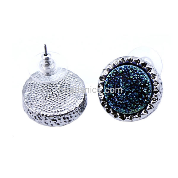 wholesale druzy quartz stud earring with earring nuts with zinc alloy real gold color plated