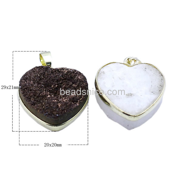 Druzy geode natural quartz heart pendant with brass real gold color plated