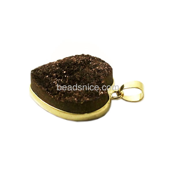 Druzy geode natural quartz heart pendant with brass real gold color plated