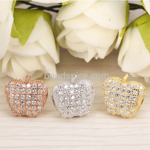 Apple Micro Pave rhinestone bead  Jewelry Findings wholesale 925 sterling silver European style fashion accessories apple shape