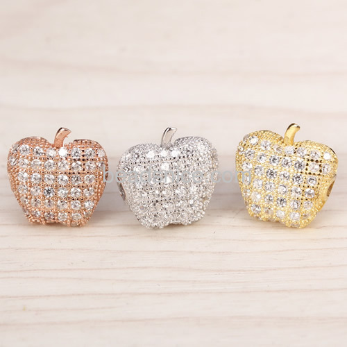Apple Micro Pave rhinestone bead  Jewelry Findings wholesale 925 sterling silver European style fashion accessories apple shape