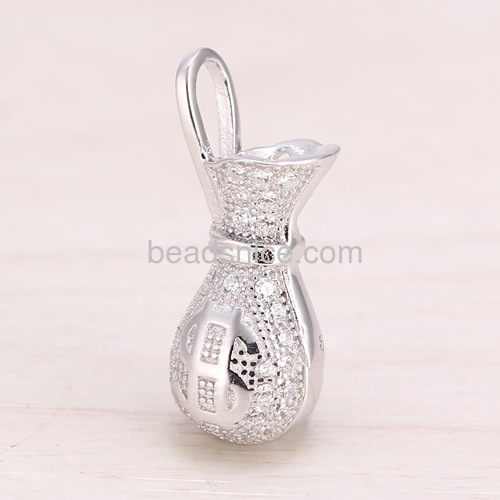 Micro Pave rhinestone pendant ewelry Pendants wholesale 925 sterling silver European style fashion money bag