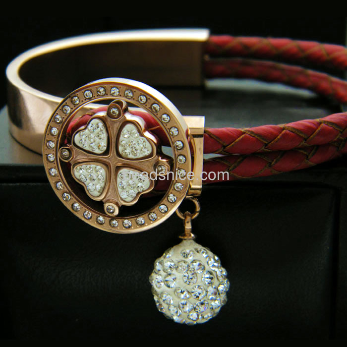 four leaf clover bracelet titanium steel gold charm bracelet with red leather cord