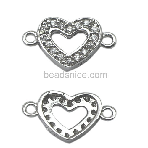 Heart connector charm hollow heart link rhinestone connector fit bracelet necklace DIY wholesale jewelry findings pure silver