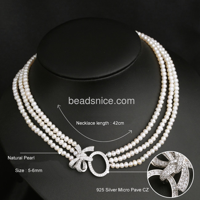 Multi strand pearl necklace with 925 Silver Micro Pave CZ necklace pendant