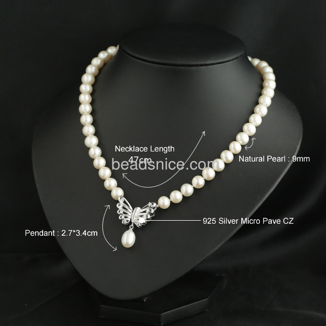 big pearl necklace for women silver statement necklace with silver 925 butterfly pendant