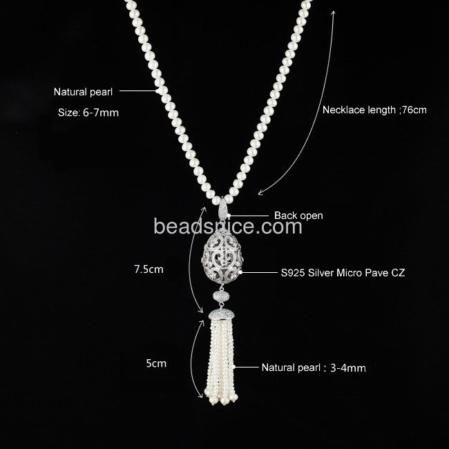 long natural pearl necklace wholesale Luxury jewelry design 925 silver micro pave pendant tassel necklace