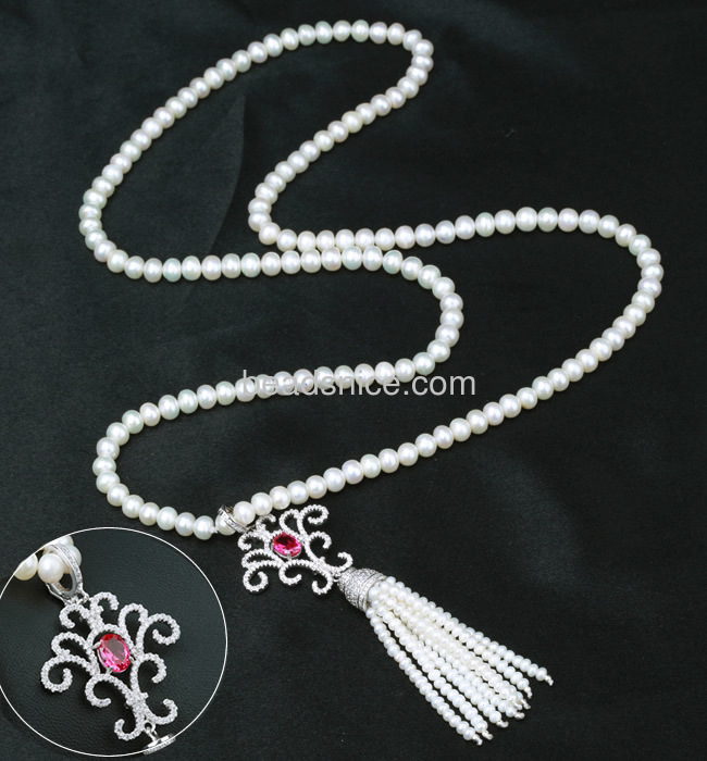 Pearl wedding necklace with sterling silver tassel pendant crystal long necklaces for women