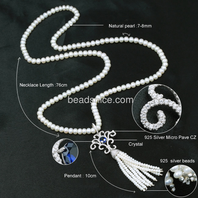 Pearl wedding necklace with sterling silver tassel pendant crystal long necklaces for women