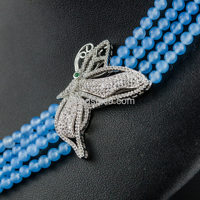Multi strand blue chalcedony wedding Necklace real 925 silver butterfly pendant necklace women