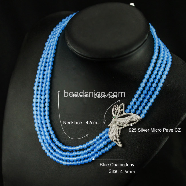 Multi strand blue chalcedony wedding Necklace real 925 silver butterfly pendant necklace women