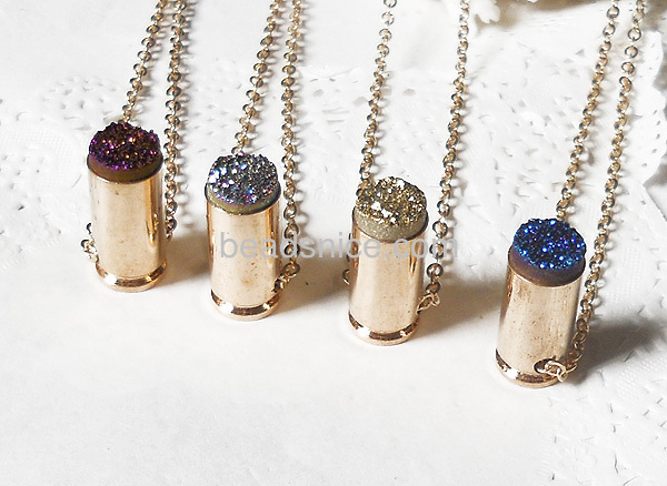 Charm druse stone pendant necklace mixed purple blue rainbow round cap gold bullet necklace wholesale jewelry findings Titanium