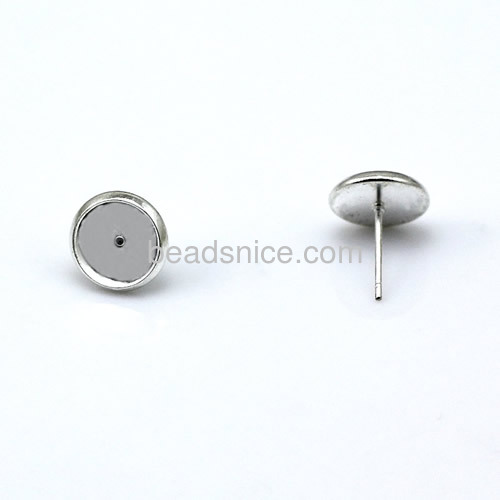 Brass Stud Earring Post, flat round, cabochon setting, without earnut & with steel pin, more plated colors for choice