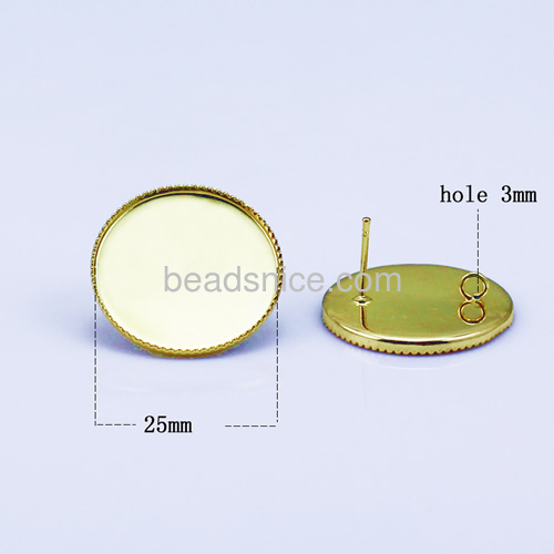 Earring Mounting,flat round, cabochon setting, without earnut & with steel pin, more plated colors for choice