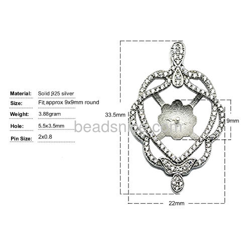 New pendant base 925 sterling silver micro pave for half-drilled pearl 33.5x22mm pin size 2x0.8mm