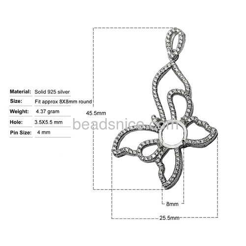 925 sterling silver pendant setting micro pave cz  butterfly 45.5X25.5mm pin size 4X1mm