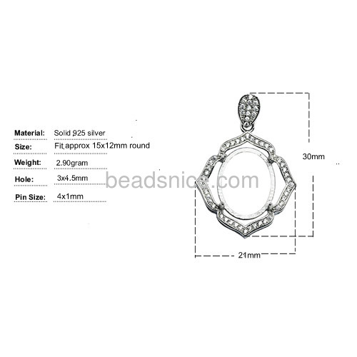 Unique designs pendant setting 925 sterling silver for woman jewelry making oval 30x21mm pin 4x1mm