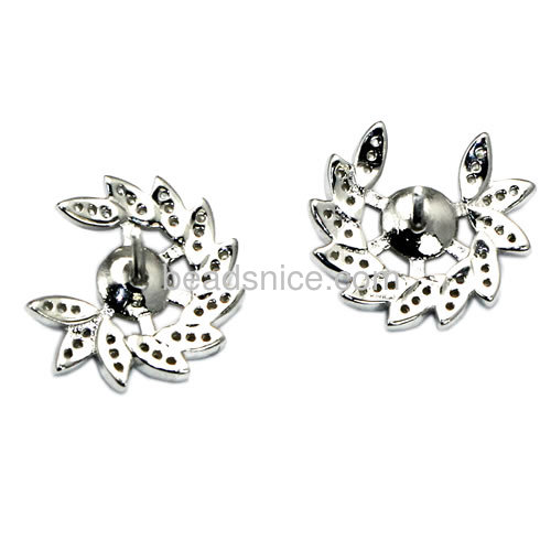 Fine earring studs base for half-drilled jewelry making 925 sterling silver micro pave leaf shaped