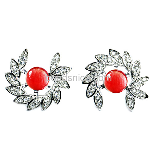 Fine earring studs base for half-drilled jewelry making 925 sterling silver micro pave leaf shaped
