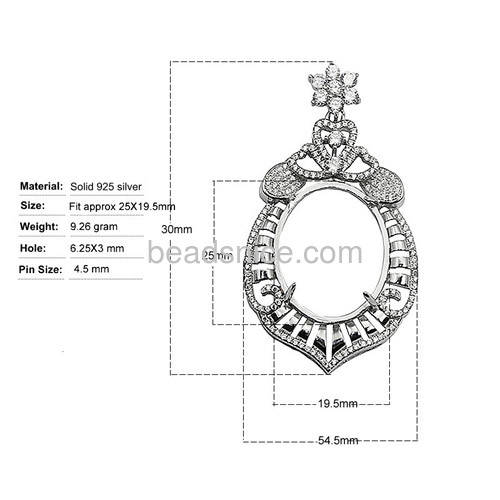 925 sterling silver pendant setting for woman jewelry making  54.5X30mm pin size 4.5X1mm