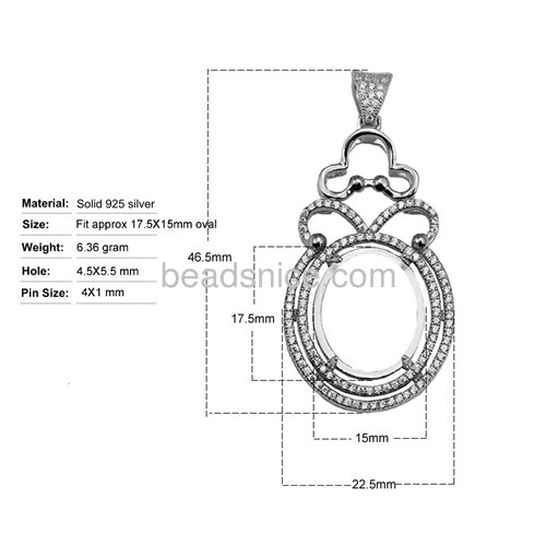 925 sterling silver pendant setting flat round  for women jewelry making 46.5X22.5mm pin size 4X1mm